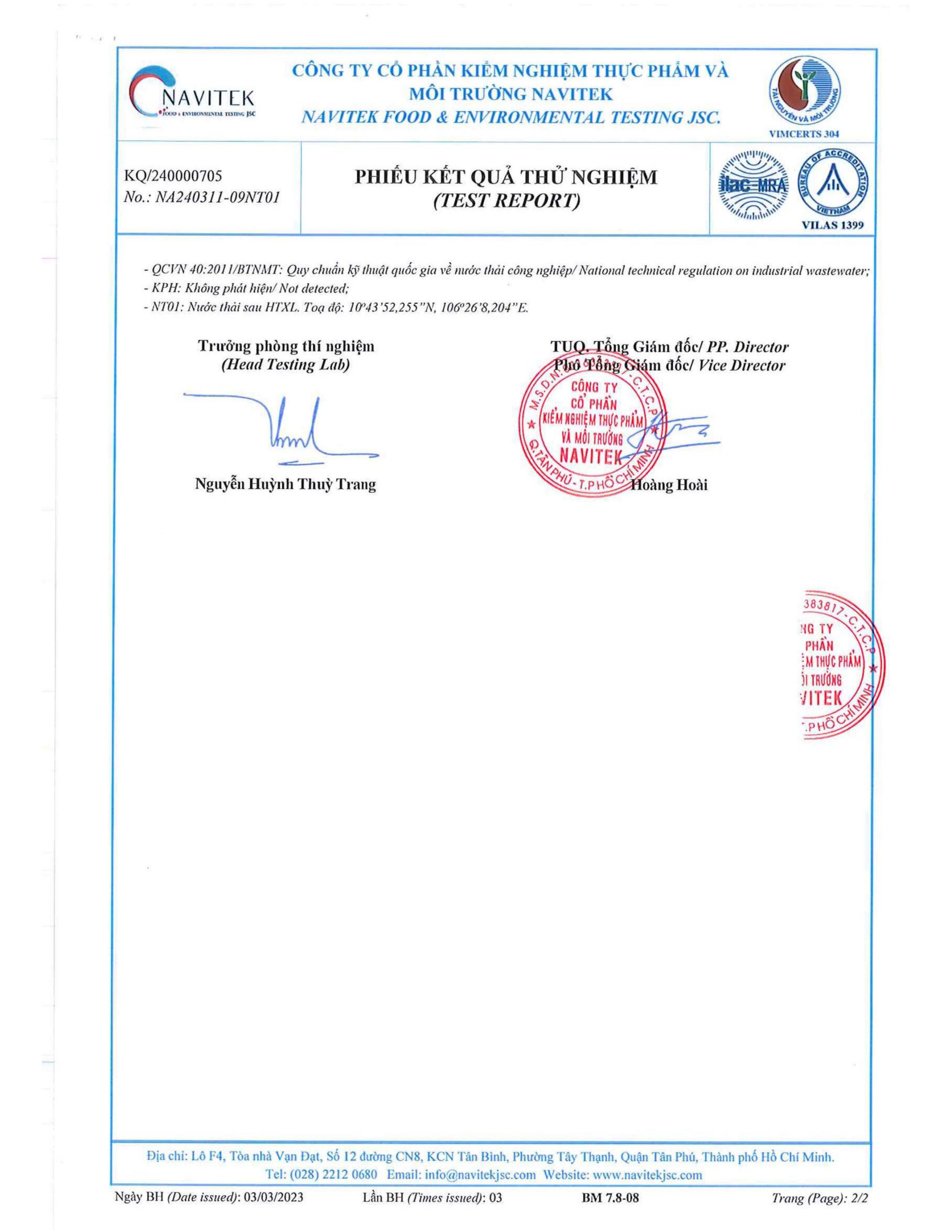 Kết quả báo cáo quan trắc môi trường Quý 1.2024